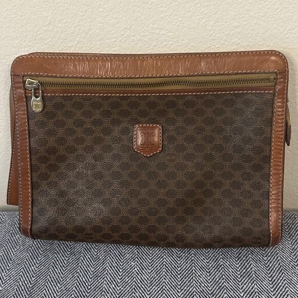 CELINE Paris Vintage Triomphe Macadam Leather Clutch Wristlet Bag with S… - Picture 1 of 8